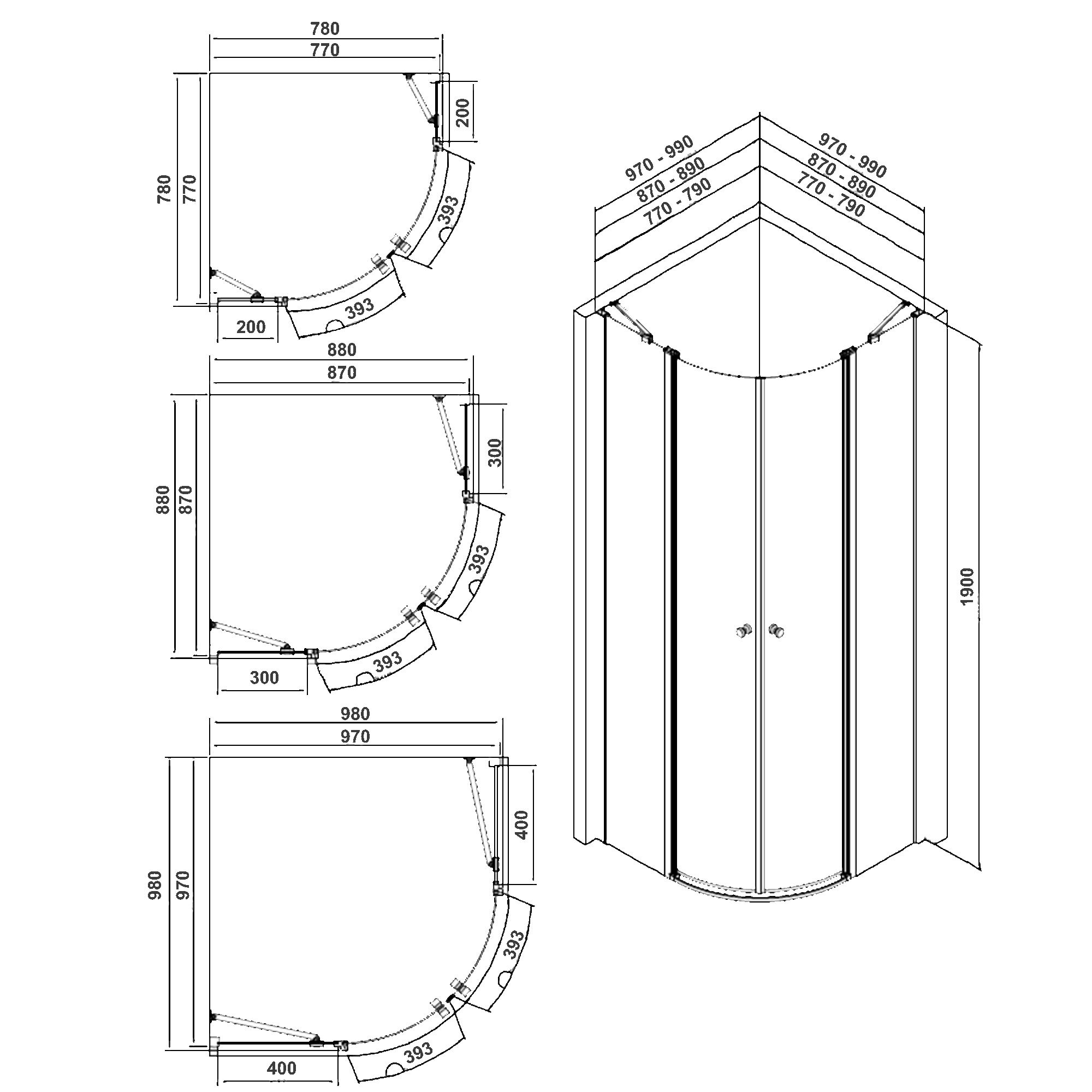 Sch&eacute;ma dimensions - cabine de douche PIVOTY 3